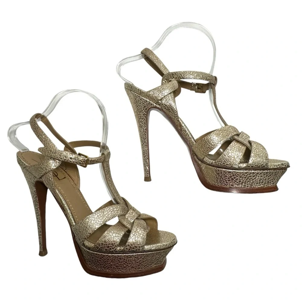 Saint Laurent Tribute High-Heel Leather Sandal in Metallic Gold size 40 | US 10